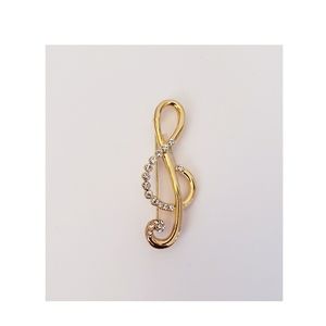 Vintage Style Rhinestone & Gold Tone G Clef Musical Note Brooch